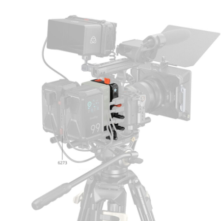 SmallRig 5881 - inteligentny adapter zasilania z płytką montażową do akumulatorów V-Mount (wersja z mocowaniem na 2x pręt 15mm) - przykład użycia